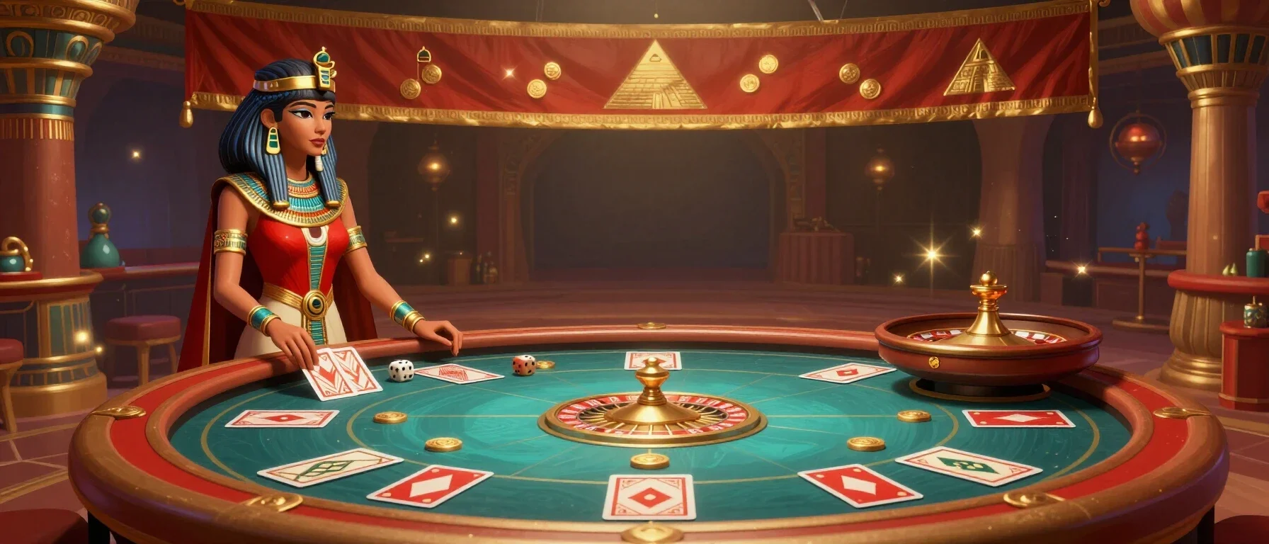Golden Nugget Casino game table with cards, dice and roulette tokens